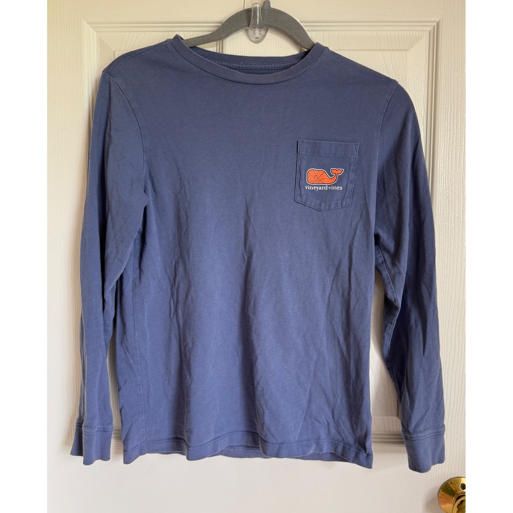 Vineyard Vines Boys Blue Basketball Whale Long Sleeve Pocket Tee Size M‎ 12-14
